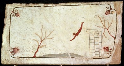 Pintura do túmulo do mergulhador do cemitério do sul em Paestum, 480-470 aC de Etruscan